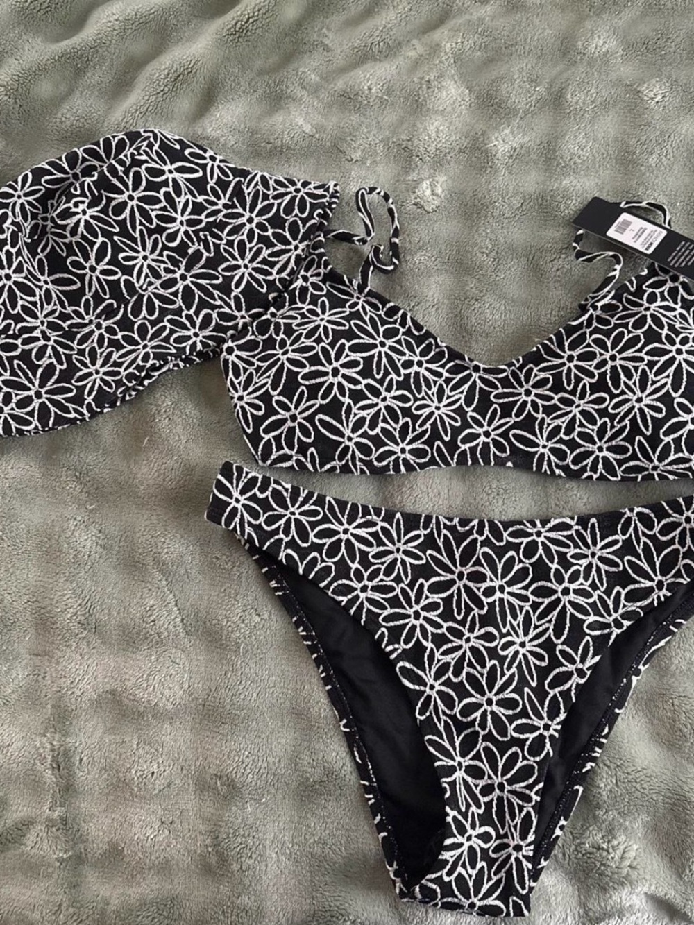 Fashion Nova Black Bikini with White Floral Embroidery